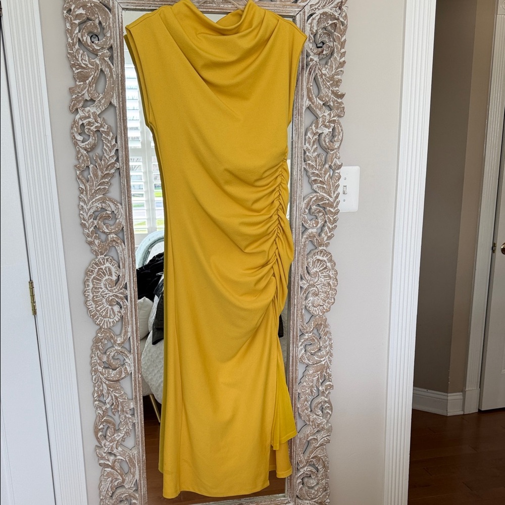 Anthropology Sleeveless Mustard Yellow Ruched Midi Dress